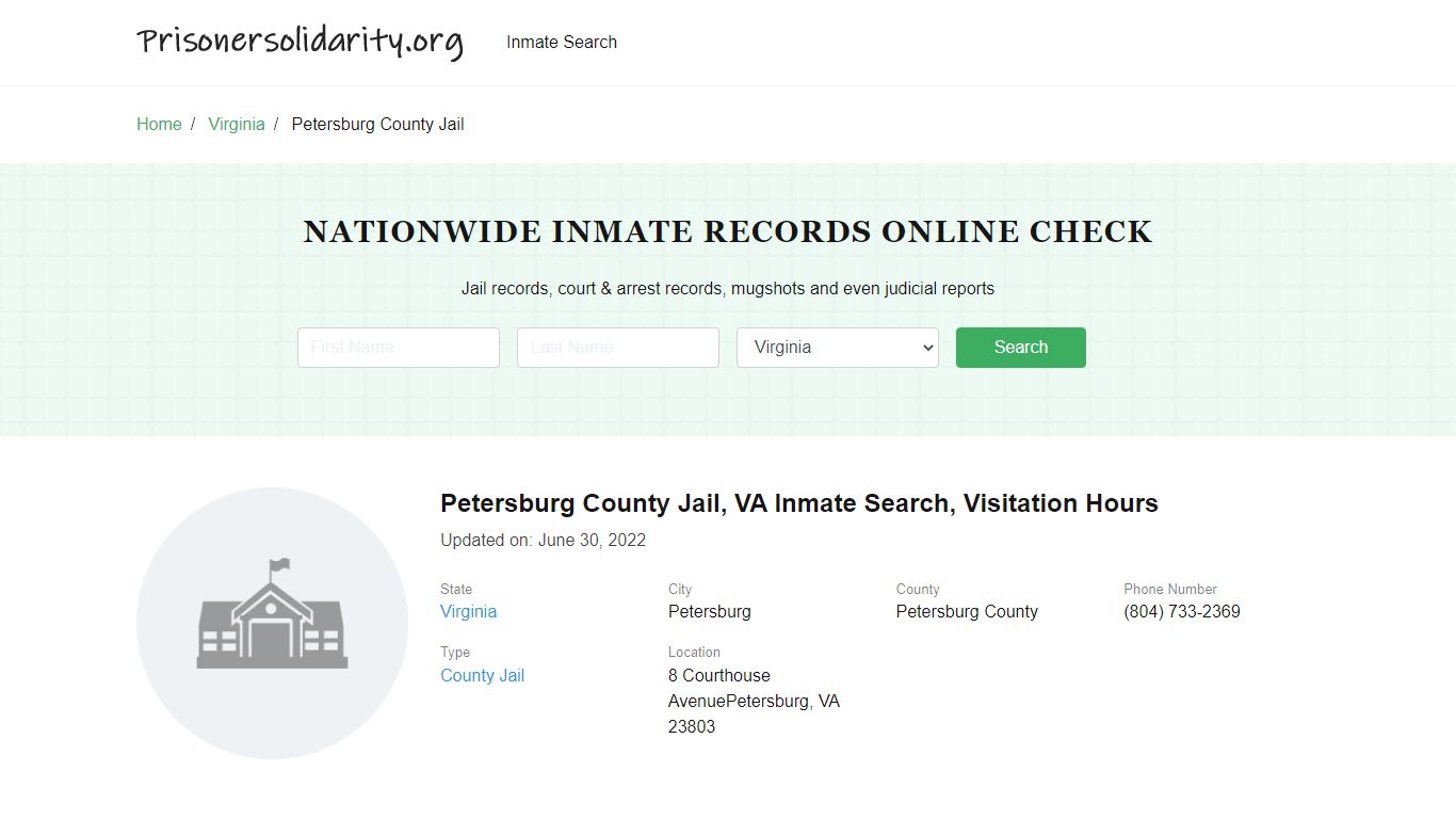 Petersburg County Jail, VA Inmate Search, Visitation Hours